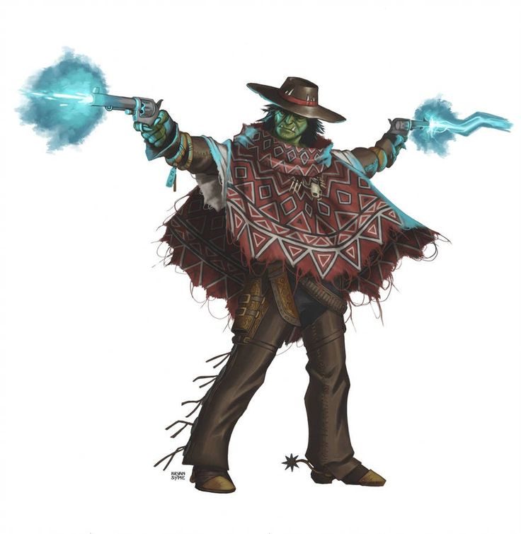 the image shows a fantasy illustration of an orc gunslinger.  the orc is wearing a brown cowboy hat, a red and white patterned poncho, brown pants with chaps and spurs.  he is dual wielding pistols, with bright blue energy emanating from the muzzles.  the style is reminiscent of a wild west setting, yet with clear fantasy elements like the orc's appearance and magical energy effects. the artwork is detailed and wellrendered, showing a dynamic pose and character design.