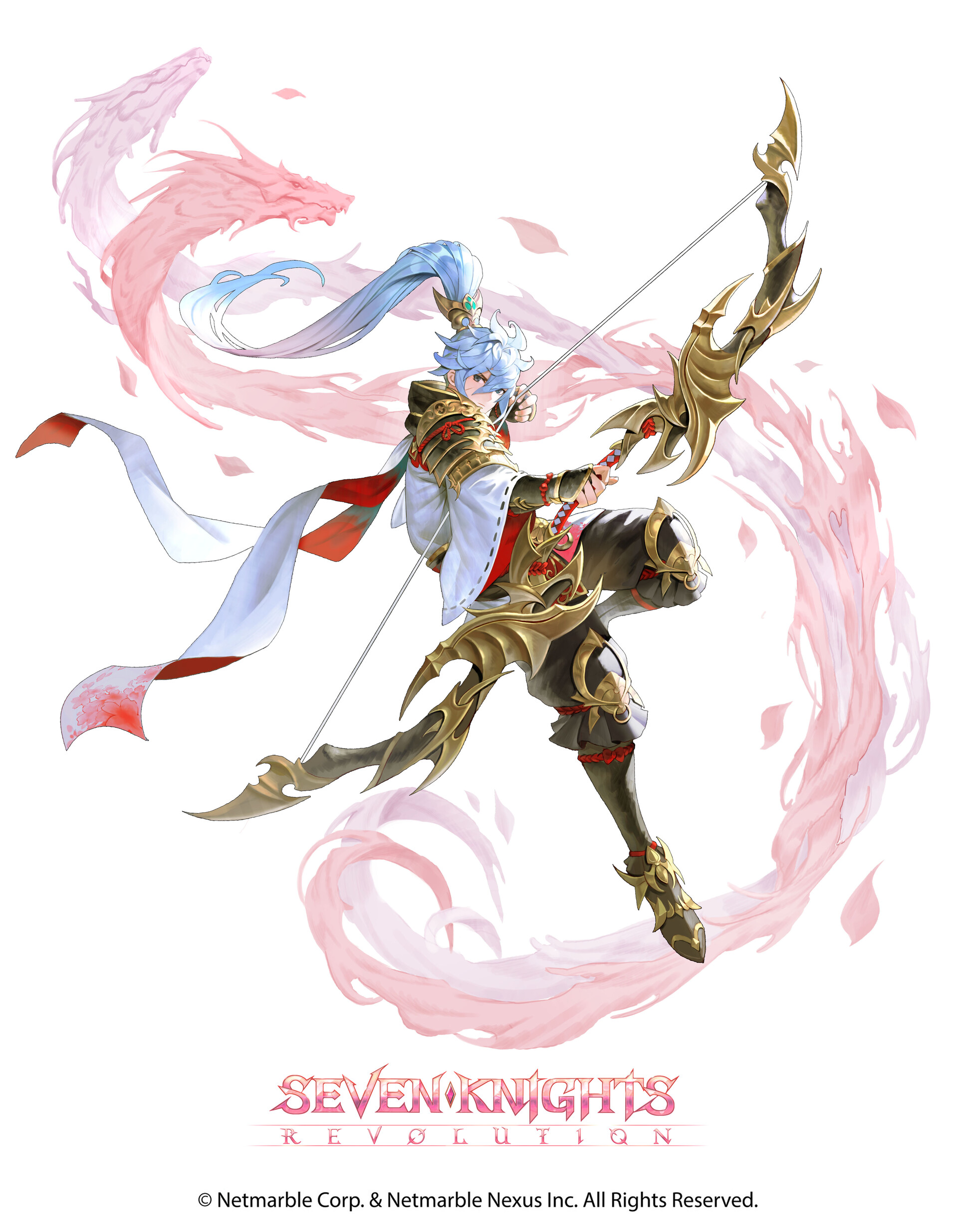the image shows a character from the game seven knights revolution. the character is an archer, holding a bow and arrow. there is a pink dragon behind the character.