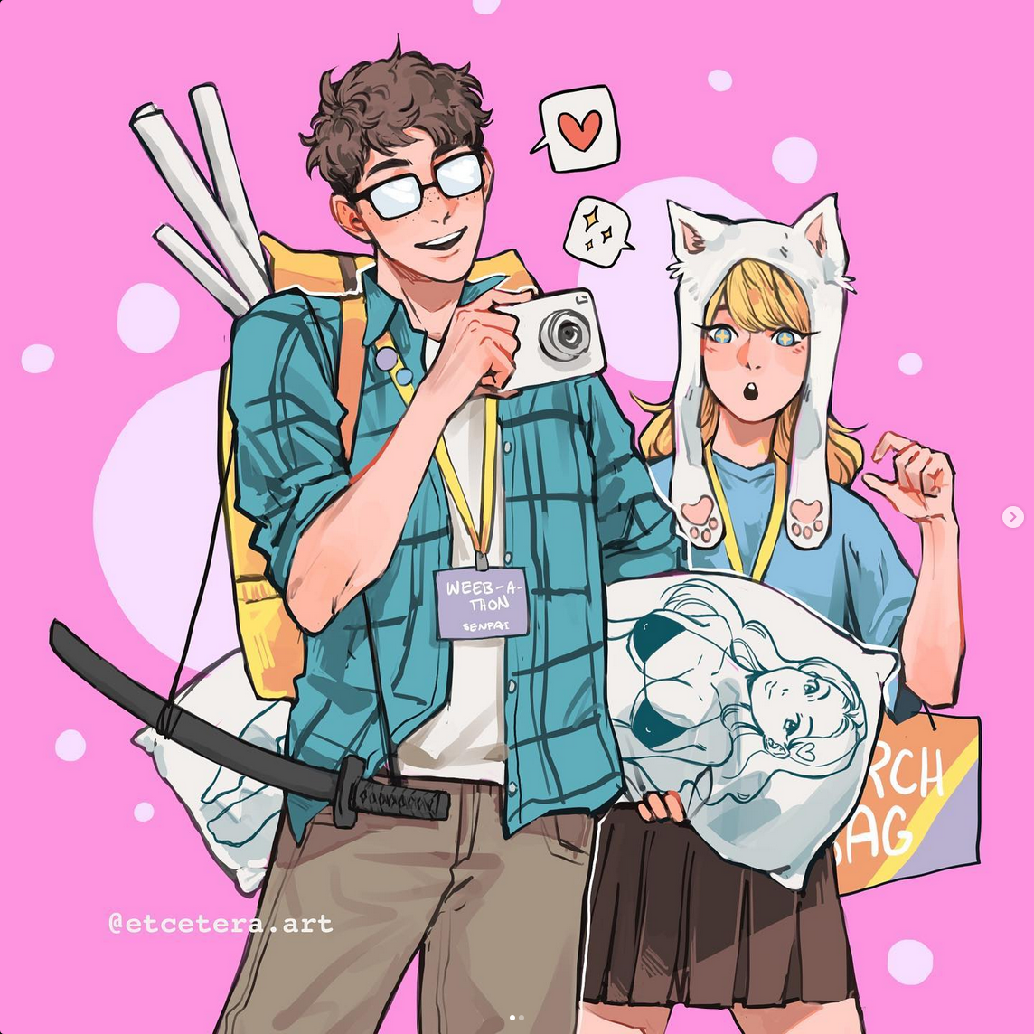 the image shows a young couple dressed for an anime convention. the man, wearing a plaid shirt and glasses, holds a camera up for a selfie.  he has a backpack filled with posters and a katana strapped to his back. he's wearing a convention badge that reads "weebathon".  the woman wears a white cateared hat and a blue shirt. she clutches a body pillow featuring an anime character and carries a bag labeled "merch bag". they both seem happy and excited. the overall aesthetic is lighthearted and playful.
