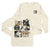 the image shows a creamcolored longsleeved sweatshirt folded on itself.  the sweatshirt features a graphic design on the front that appears to be a cartoonish depiction of several dogs. the design is in shades of black, brown, and gold, contrasting with the light cream of the sweatshirt. the sweatshirt looks soft and casual.