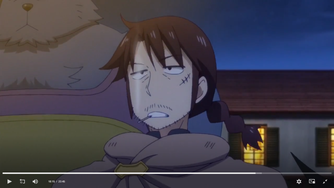 a tiredlooking anime character with brown hair, a beard and a small mustache is leaning back in a chair and looking away from the camera. he looks unhappy and annoyed. behind him is a large, white fuzzy animal, and a building with windows. it is night time.