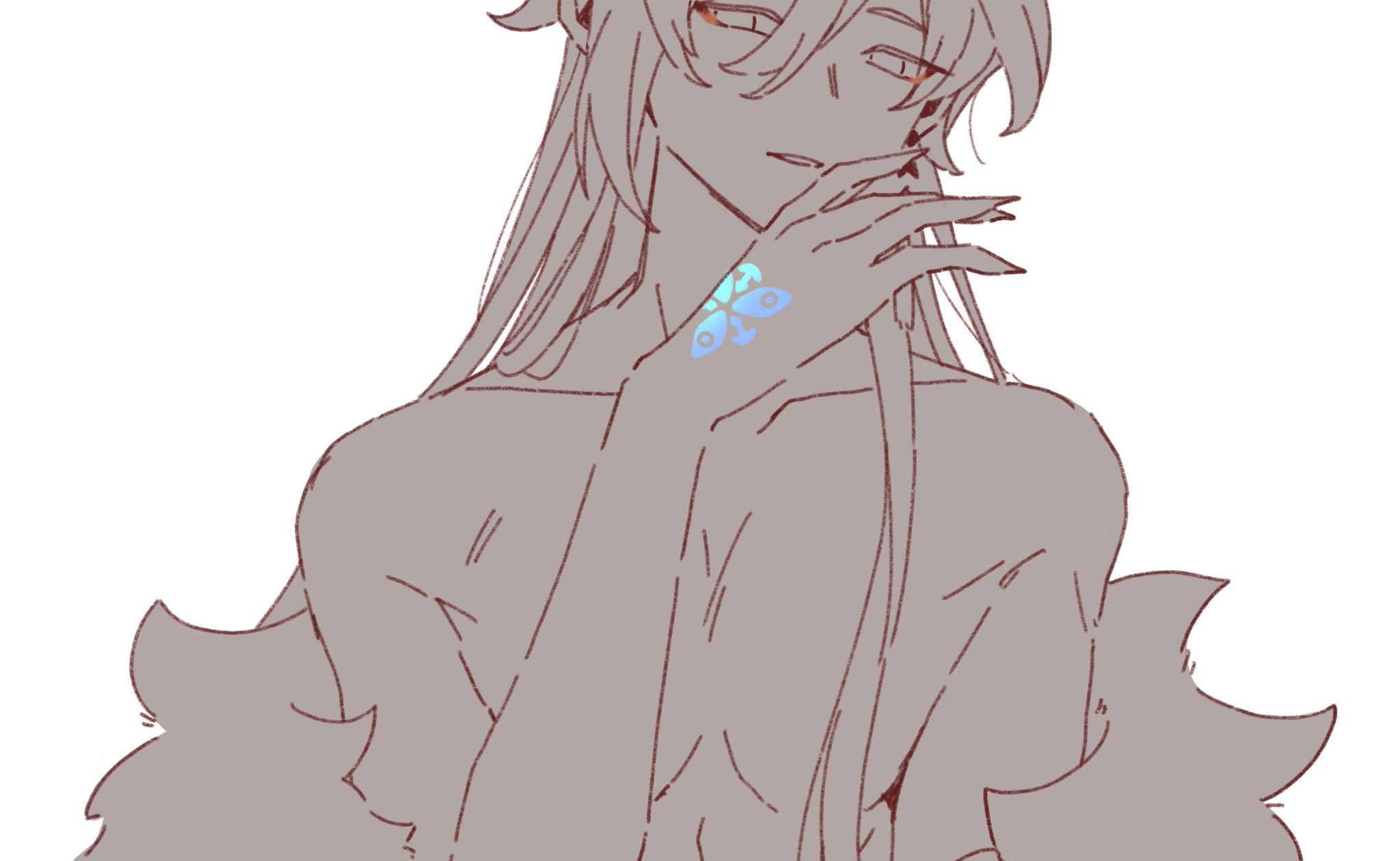 the image is a stylized animestyle drawing of a shirtless man with long, flowing grey hair. he has a subtle smirk and is posing with one hand near his face, the other hand showing a butterfly tattoo. the art style is sketchy and somewhat unfinished, giving a sense of movement and fluidity. the overall tone is elegant and mysterious. the color palette is muted, with shades of grey and a hint of blue for the tattoo. the background is plain white.