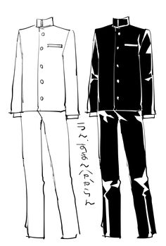 this black and white sketch showcases two variations of a gakuran, a type of traditional japanese school uniform for boys. the illustration highlights the distinct style of the uniform, which often features a standing collar and button closure.