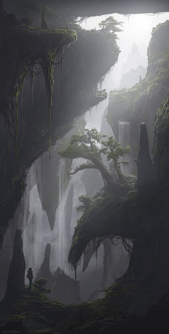 a digital artwork depicts a misty, fantasy landscape inside a large cave or cavern. prominent are the massive rock formations, dripping with moss and greenery, and several waterfalls cascading down the rock faces. in the foreground, a lone figure stands silhouetted against the light. a twisted tree grows out from the side of one of the cliff faces. the overall tone is dark and mysterious with a prevalent use of green and grey hues.