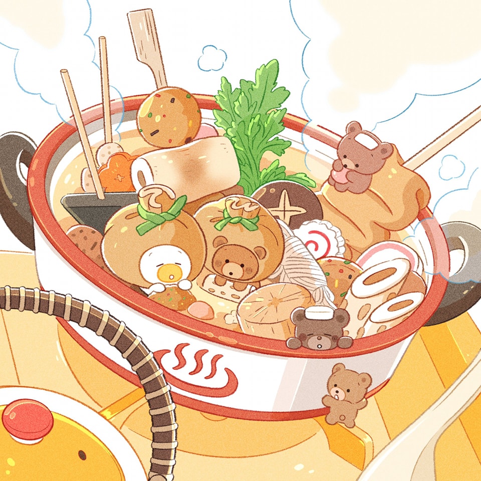 the image is a whimsical illustration of a hot pot filled with various cute, cartoonish food items.  the pot is red and white with a steaming symbol on the bottom.  it’s filled with various shapes and colors of fish cake (oden), vegetables, and small bearshaped food items. there are also wooden skewers sticking out of some of the ingredients. the overall style is kawaii, or cute, with soft colors and rounded shapes. the scene is set against a light background with light steam coming from the hot pot.  the image evokes a feeling of warmth and coziness.