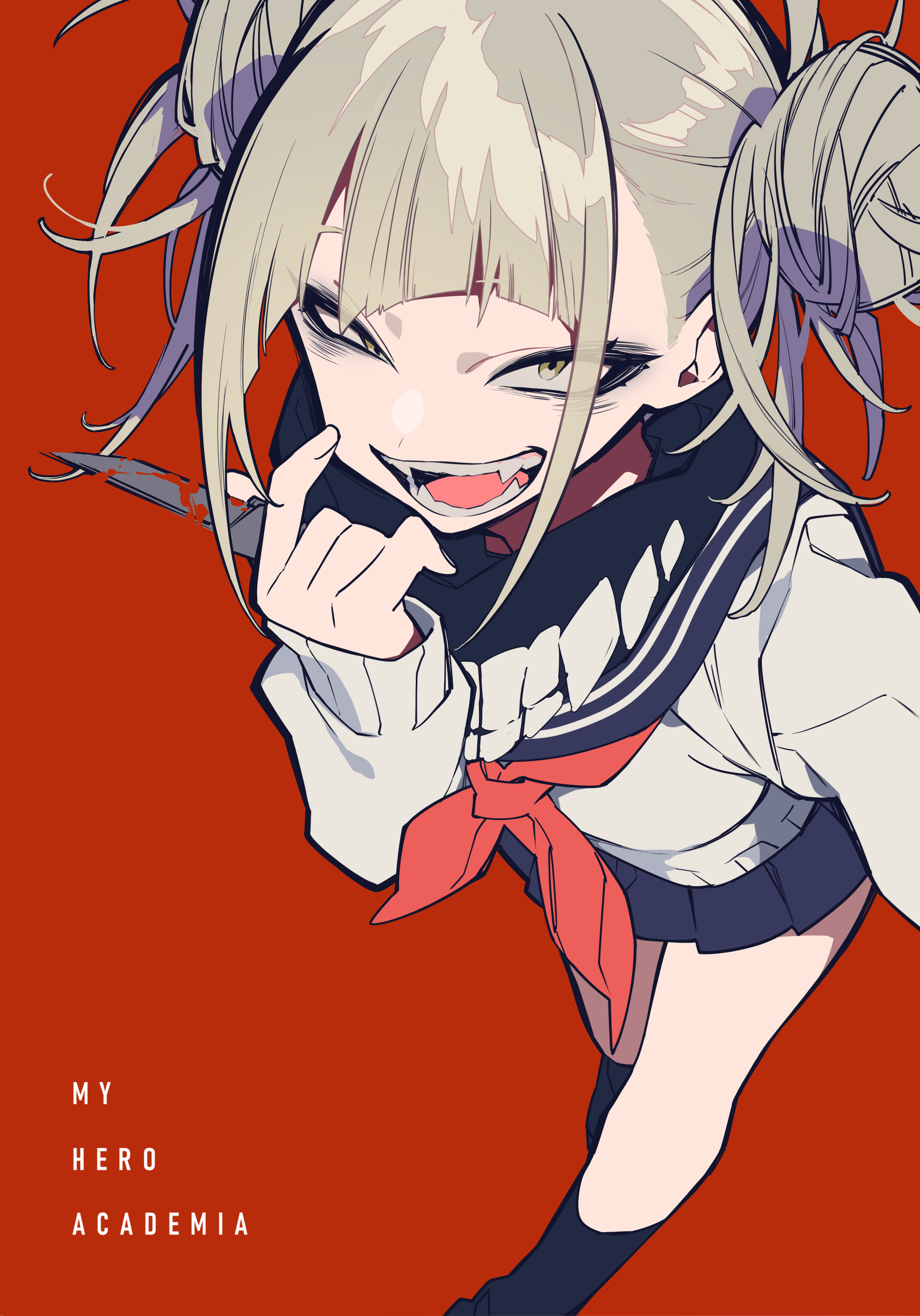 the image shows himiko toga, an anime character from my hero academia, in a school uniform. she has blonde hair styled in pigtails, and her sharp fangs are visible as she smiles. she's holding a knife. the background is red, and the words "my hero academia" are at the bottom.