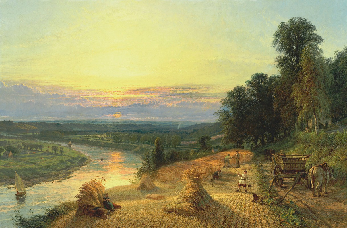 the image is a painting depicting a rural landscape during sunset. a winding river flows through the scene, reflecting the golden light of the setting sun. a field of wheat occupies the foreground, with farmers harvesting and gathering the crop into haystacks. a horsedrawn cart stands nearby, ready to transport the harvest. trees line the edge of the field and the riverbank. in the background, rolling hills and a cloudy sky complete the picturesque scene. figures of peasants and animals, including a dog, add to the everyday life portrayed in the painting.