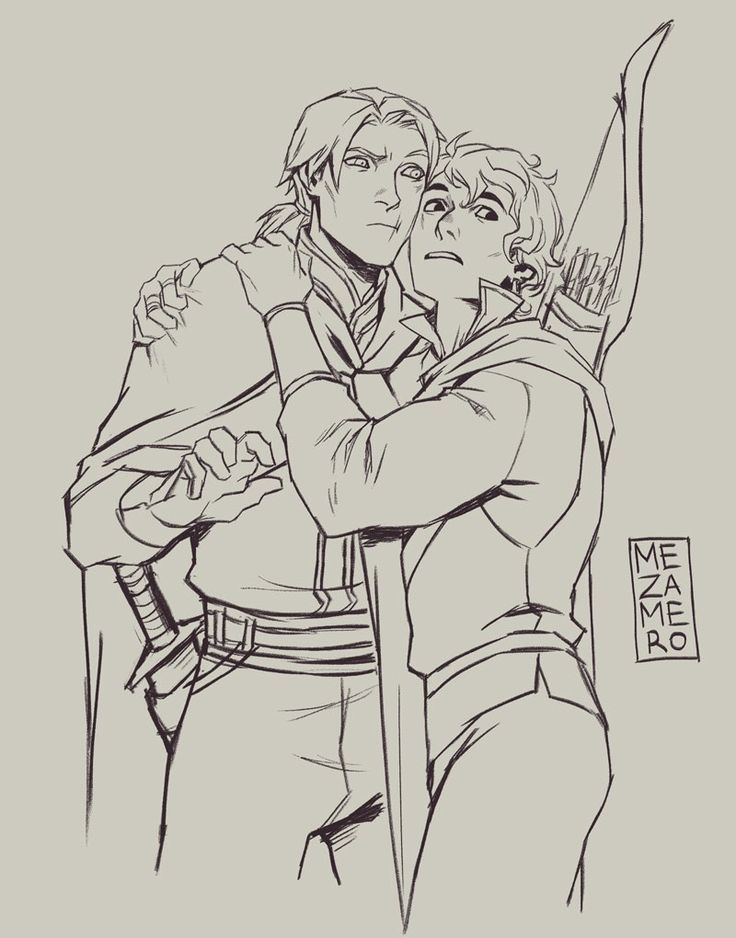 the image is a detailed black and white line drawing or sketch depicting two men in an embrace. one man has longer hair and is wearing a longsleeved tunic or robe, while the other has shorter hair and a more fitted jacketlike garment.  they appear to be fantasy characters, with one carrying a sword and the other a bow and arrow. the style is expressive and focuses on the emotion and intimacy between the characters.  the drawing has a slightly rough, unfinished feel, typical of a sketch or concept art. a watermark or artist signature is visible in the lower right corner.