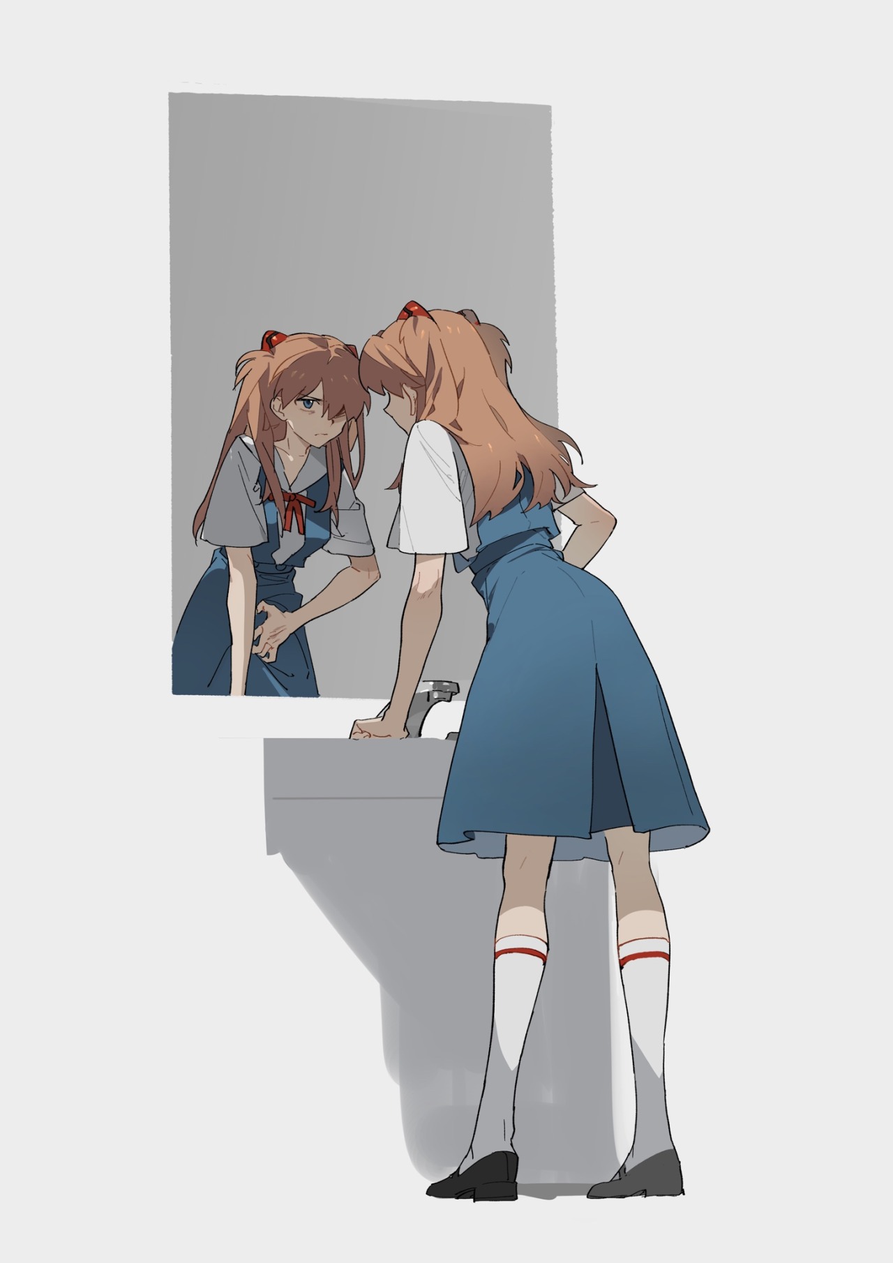an anime illustration shows asuka langley soryu looking at her reflection in the mirror in a bathroom. she is wearing a school uniform. the mirror shows a reflection of her wearing the same uniform.