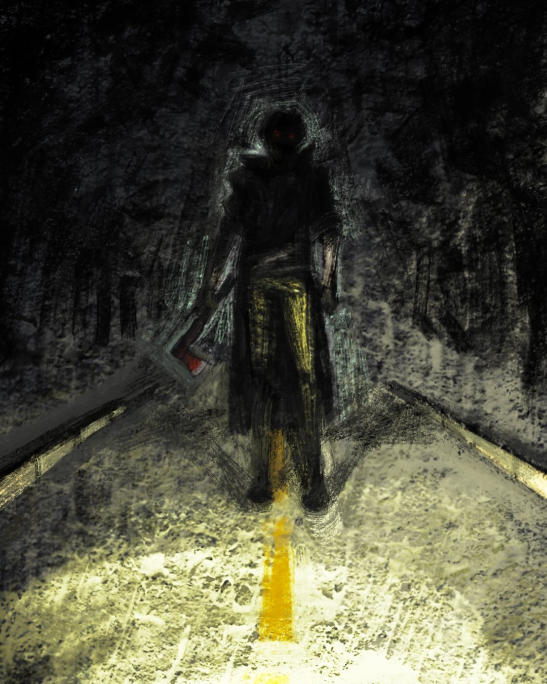 the image is a digital painting depicting a shadowy, hooded figure standing in the middle of a road that disappears into a dark, foreboding forest.  the figure appears to be carrying an axe, adding to the ominous atmosphere. the road is dimly lit, with a single yellow line down the center leading towards the figure. the overall style is dark, gritty, and highly suggestive of horror or suspense. the figure's face is largely obscured by shadow, contributing to the sense of mystery and unease. the textures throughout the image are rough, adding to the sense of age and decay. the overall tone is one of fear and impending danger.