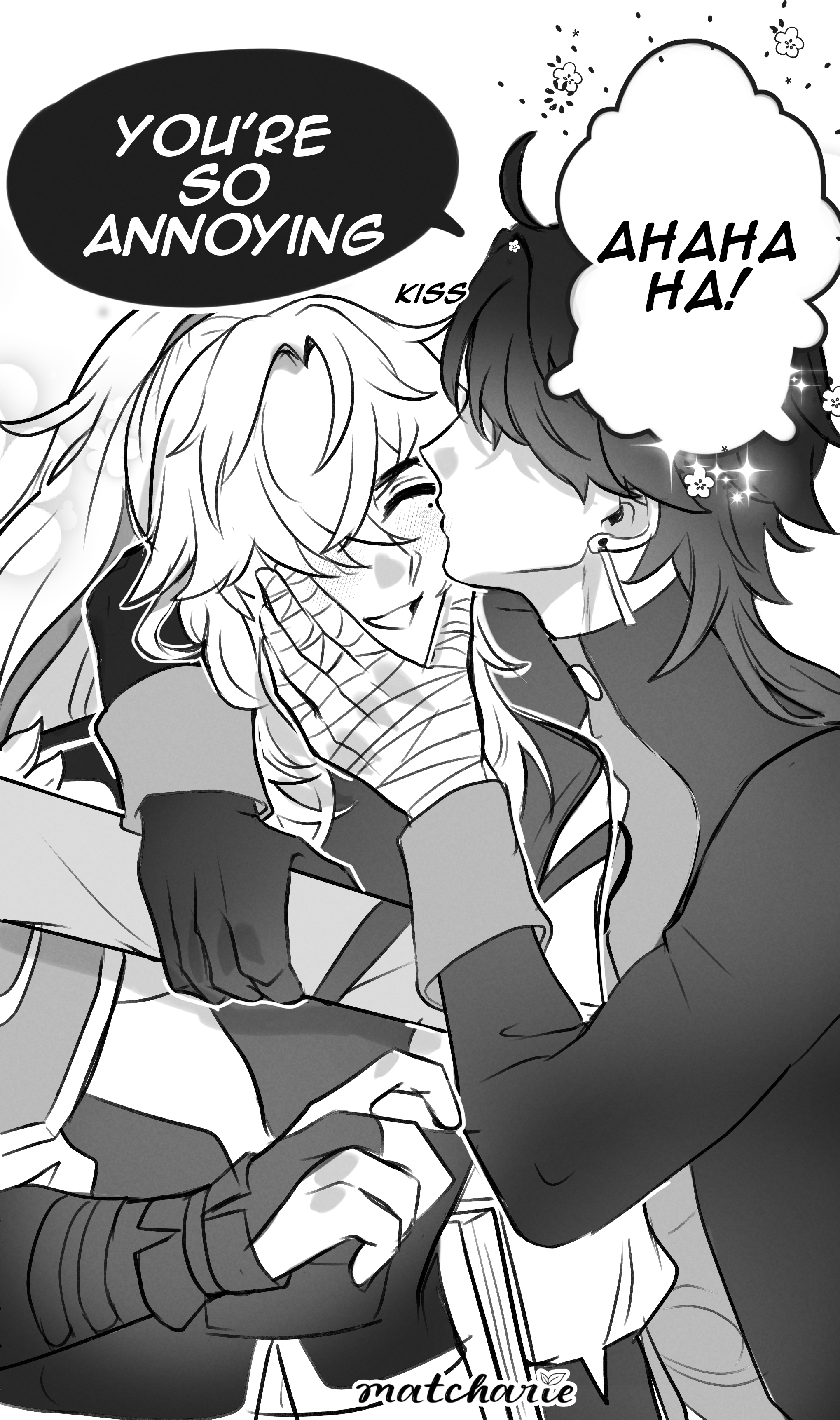 a black and white illustration of two anime