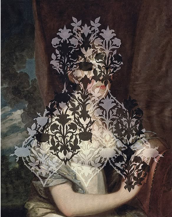 a painting of a woman from the baroque period with a floral lace cutout overlaying her face. the woman is depicted with an elegant posture and dress, typical of portraits from that era. the lace cutout adds a modern, artistic touch to the classic painting, creating a unique blend of styles.