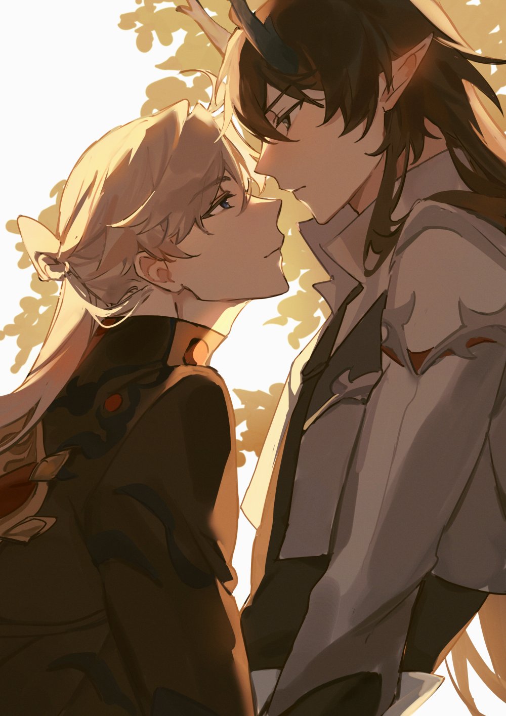this is a digitally illustrated piece of art featuring two anime boys. one has blonde hair and blue eyes, and the other has black hair and brown eyes. they're in a close embrace, faces close together, their bodies