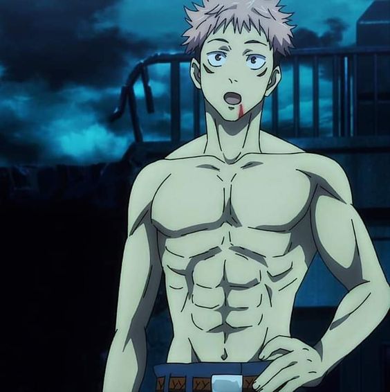 this is an illustration of a muscular, shirtless anime man standing in what appears to be a destroyed city.  the image's perspective is from a low angle, looking up at the man.  the background is dark and blue, with some light from the moon or streetlights. the man is drawn in a typical anime style, with exaggerated features and muscles. he has short, spiky hair and a determined expression on his face. his body is covered in blood, and he is looking off to the left of the frame. the overall tone of the image is dark and actionpacked.