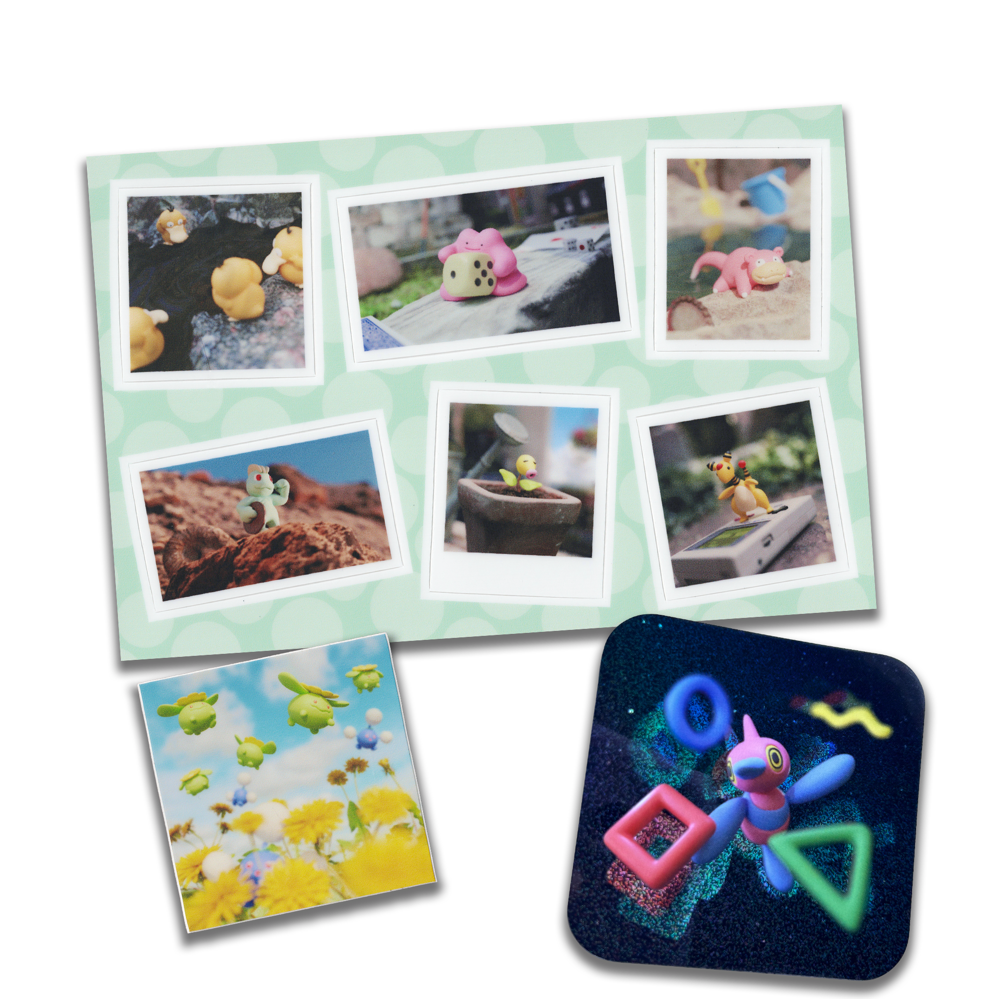 a green and white photo album with pictures of pokemon figurines. the front cover of the album has pictures of a charmander, bulbasaur, squirtle, and a pikachu. the back cover has a  picture of a pokemon toy.  the album is open and there are more pictures of pokemon figurines inside.  the pictures are in a polaroid style.