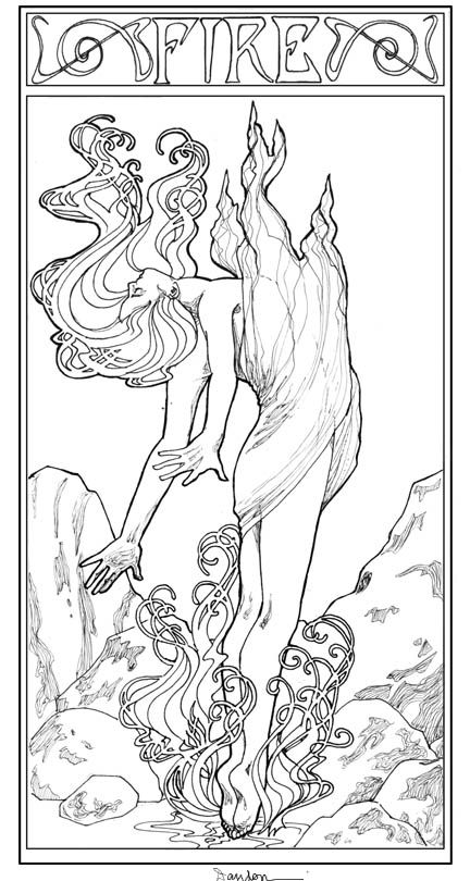 the image is a black and white drawing in an art nouveau style. it features a woman standing barefoot in water among rocks, with her hair and part of her dress appearing as stylized flames. the word "lofire" is written in an ornamental font at the top of the drawing. the woman has long hair adorned with celtic knot designs. her right arm is outstretched towards a rock, while the flames of her dress rise upwards, and celtic knotpatterned flames rise up from around her feet. the background consists of rocks and what appears to be a mountain in the distance.