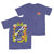 the image shows two tshirts stacked on top of each other. the top shirt is a plain purple or blue tshirt. the bottom shirt is the same color but features a colorful, possibly cartoonish, graphic design on the front. both tshirts appear to be made of a soft, possibly cotton material, suitable for casual wear. the style suggests they might be intended for children or young adults.