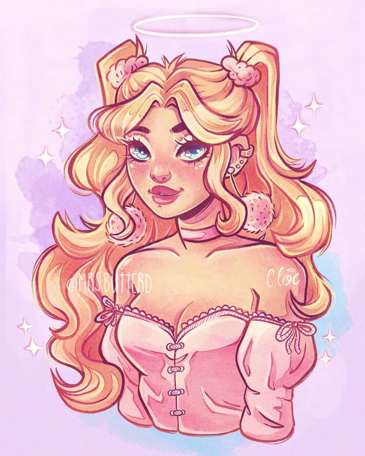 this is a digital art illustration of a cute anime girl with blonde hair. she has a halo above her head, and her hair is styled in two pigtails with fluffy bows. she is wearing a pink dress with a low neckline and buttons down the front. she has big, blue eyes and is smiling. the background is pink with sparkling stars and watercolor effects.