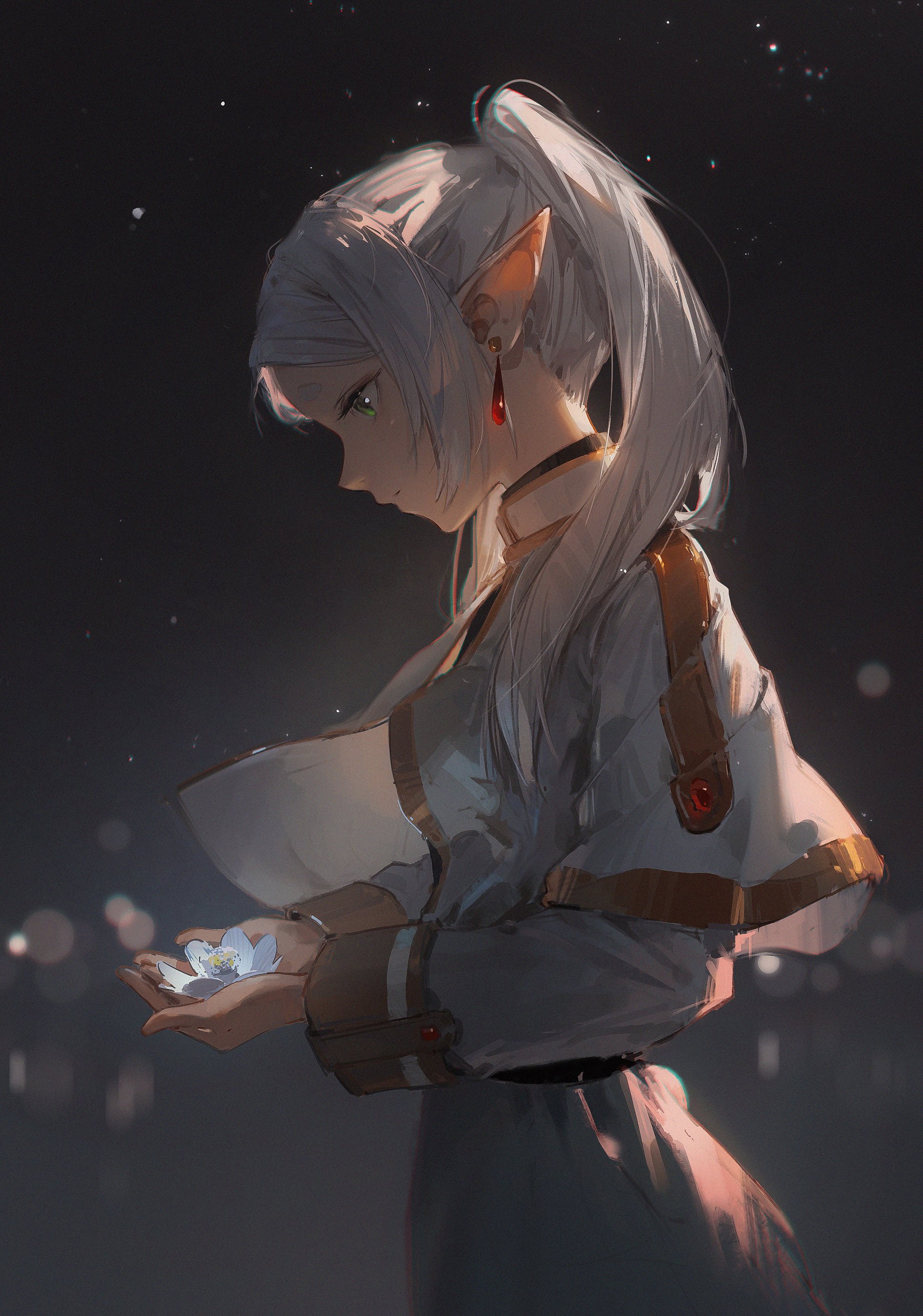 a young anime girl with long white hair, elf ears, and a white flower in her hand stands in the middle of a dark scene. the girl is wearing a long white coat, her eyes are downcast.  there is a hint of sadness in her expression as she looks down at the flower in her hands. the background is dark, filled with distant city lights. the whole scene feels mysterious and melancholy.