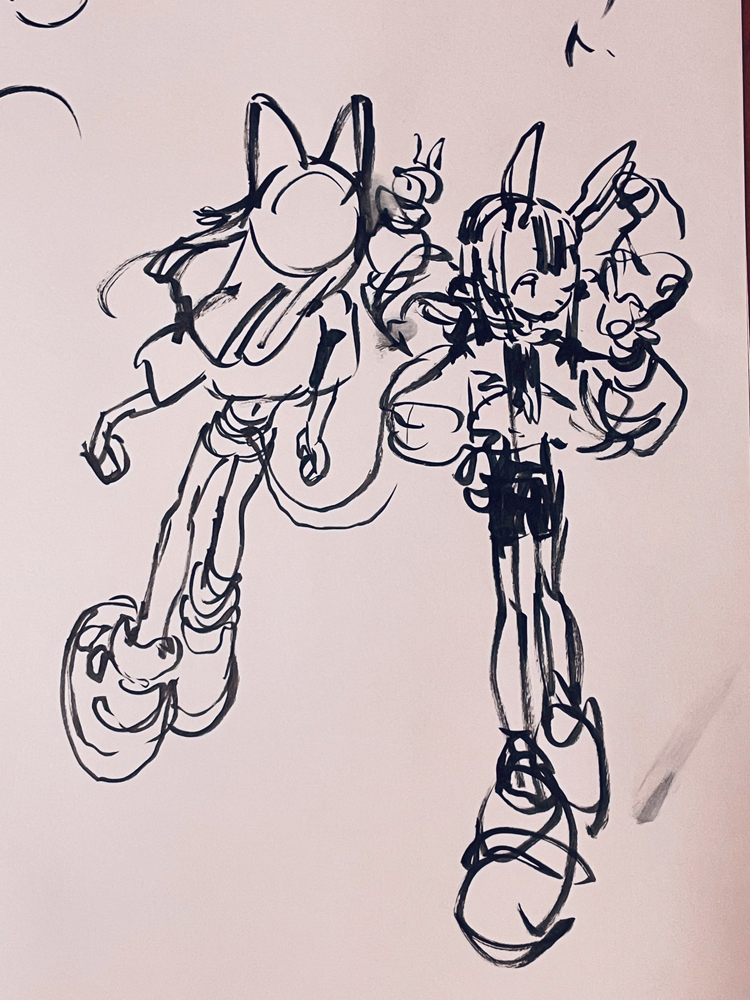 this piece is a quick, loose sketch of two stylized femalepresenting characters. they appear to be original characters, drawn with exaggerated anatomy and features. the figure on the left is a catgirl with a long, thin tail, while the figure on the right has horns, elflike ears, and is holding a plush toy. the characters are drawn with bold, confident lines and minimal detail.