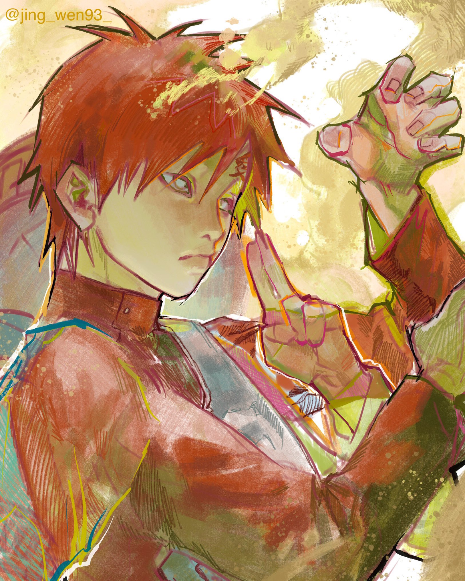 this is an image of an anime character. he has red hair and green eyes. he is wearing a red and green outfit. he has his hand raised in the air, as if he is about to strike someone. the background is a blur of colors. the character is most likely naruto uzumaki, a character from the popular anime/manga series naruto.