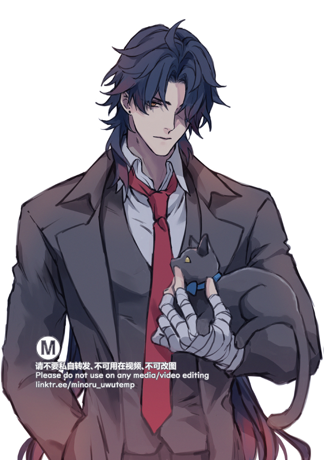 the image is a digital illustration of an animestyle character. he is a man with long dark hair and is dressed in a black suit with a red tie. he is holding a black cat in his arms. the man's expression is serious and he looks slightly down. the background is white. the image is drawn in a realistic style.
