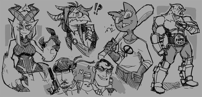 the image is a collection of six doodles featuring a variety of character designs. each character is rendered in a distinct style with exaggerated features and dynamic poses. there is a demon girl with horns and a tail, a character seemingly surprised with exaggerated eyes and sharp teeth, a cartoonstyled catlike character, a muscular fighter with a championship belt, and a group of two men, one with a gun and the other with glasses and a smirk. the overall aesthetic is rough and expressive, typical of concept art and character design sketches.
