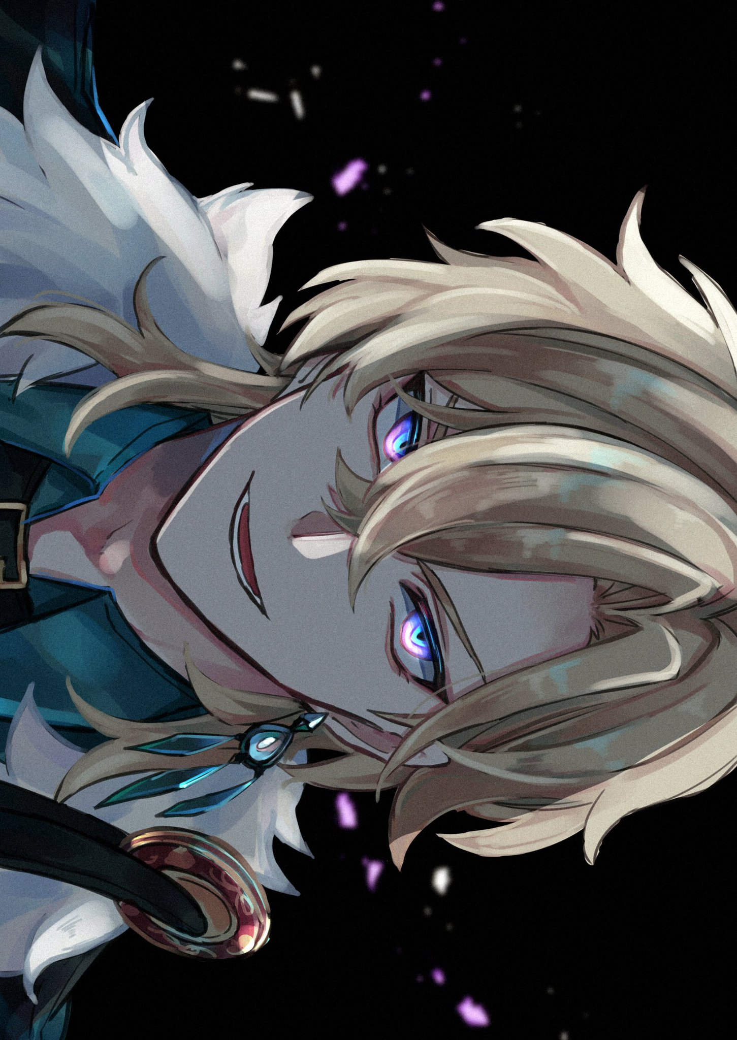 this is a digital art image of an anime male character with blonde hair and blue eyes. he has a serious expression and a mischievous smile, his blue eyes sparkle with mischief. he is wearing a blue and white outfit. the background is black. the image is styled in the anime art style, it has a fantasy and supernatural vibe, and it has highquality details.  the character looks very charismatic and mysterious.  the artwork is done with digital illustration tools, it has a sleek, polished look and features many subtle details.