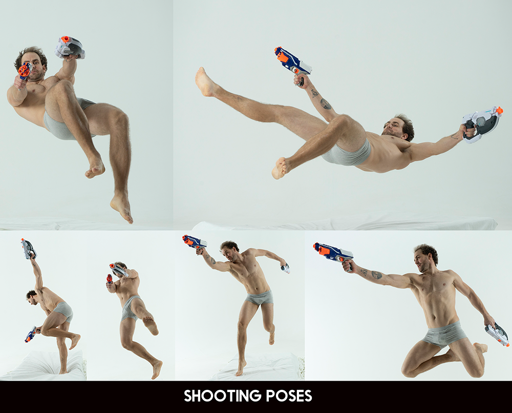 a man in a grey underwear is shown in various shooting poses while holding a toy gun. the background is white.