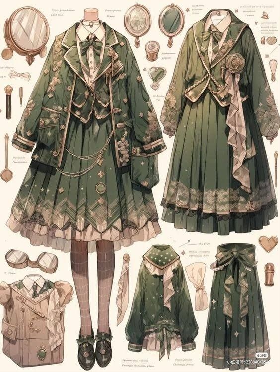 the image showcases a detailed fashion illustration of a lolitastyle outfit in various shades of green and cream.  it depicts a dress with a layered skirt, a matching jacket with intricate embroidery, and various accessories such as a ruffled blouse, a bow tie, goggles, and a decorative pin. the outfit is presented as a flat lay design with components arranged separately as if ready to be assembled. the art style leans towards a vintage aesthetic with soft lighting and delicate details.