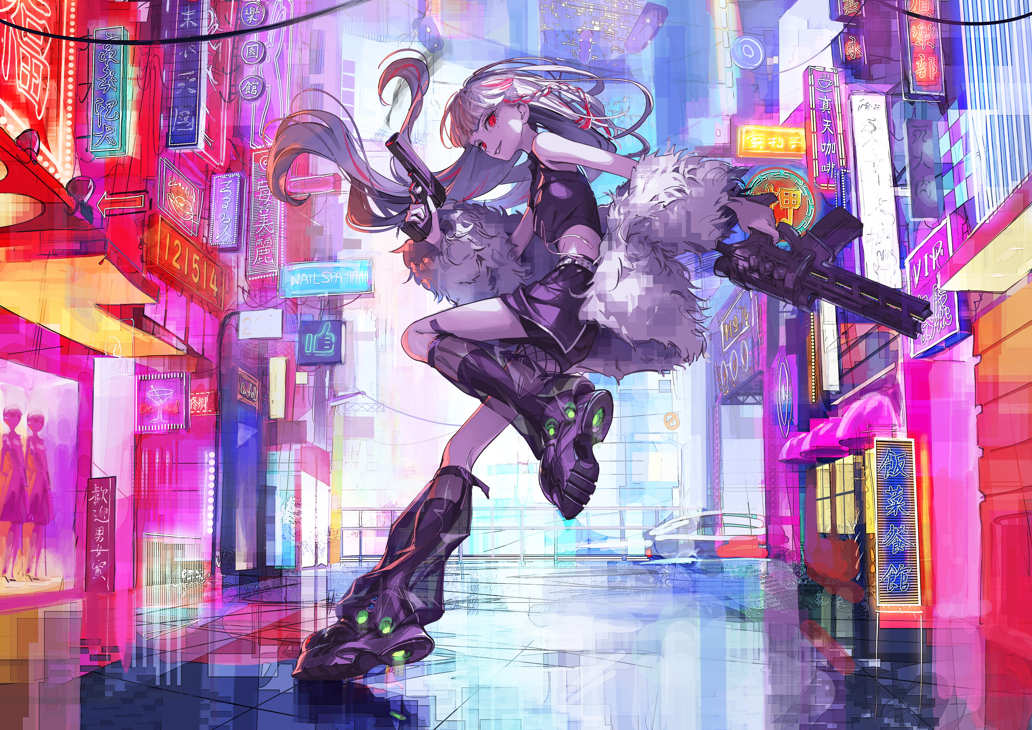 the image features an anime girl in a cyberpunk setting. she is leaping through a futuristic cityscape, holding a large machine gun. the city is full of neon signs and lights, creating a vibrant and colorful atmosphere. the girl's dynamic pose and the energetic composition of the image convey a sense of action and energy.