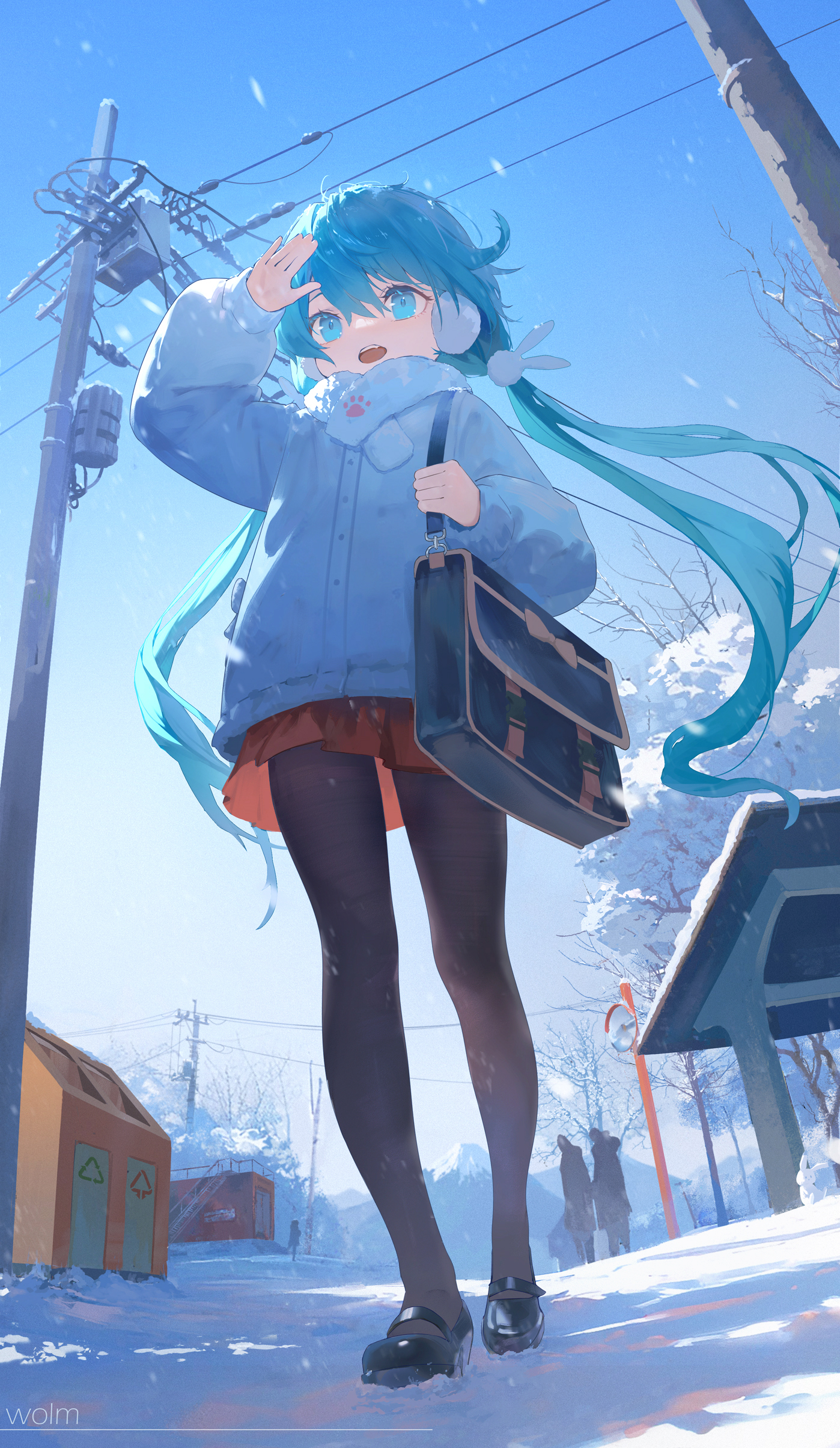 the image is a digital illustration featuring an animestyle girl with long, teal hair. she is dressed in a light blue winter coat, a dark orange skirt, black tights, and black mary jane shoes.  she carries a darkcolored satchelstyle bag. the setting appears to be a snowy street scene in a japanesestyle town, with power lines, a bus shelter, and residential buildings visible in the background.  the girl is walking towards the viewer, and the perspective is from a low angle, emphasizing her height and the winter setting. the style is highly detailed and features a soft, almost painterly quality to the rendering. the overall mood is peaceful and slightly melancholic, capturing a serene winter day.