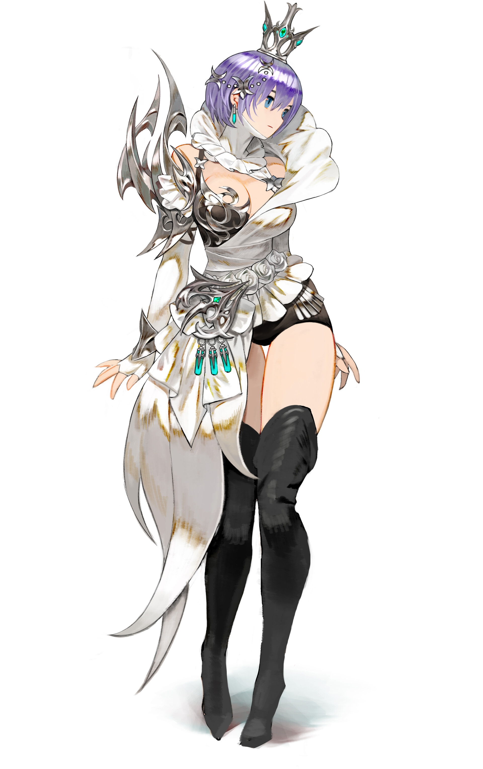 an anime image of a woman. she has short light purple hair and is wearing a white top with black shorts. she is also wearing thighhigh black boots and a crown.