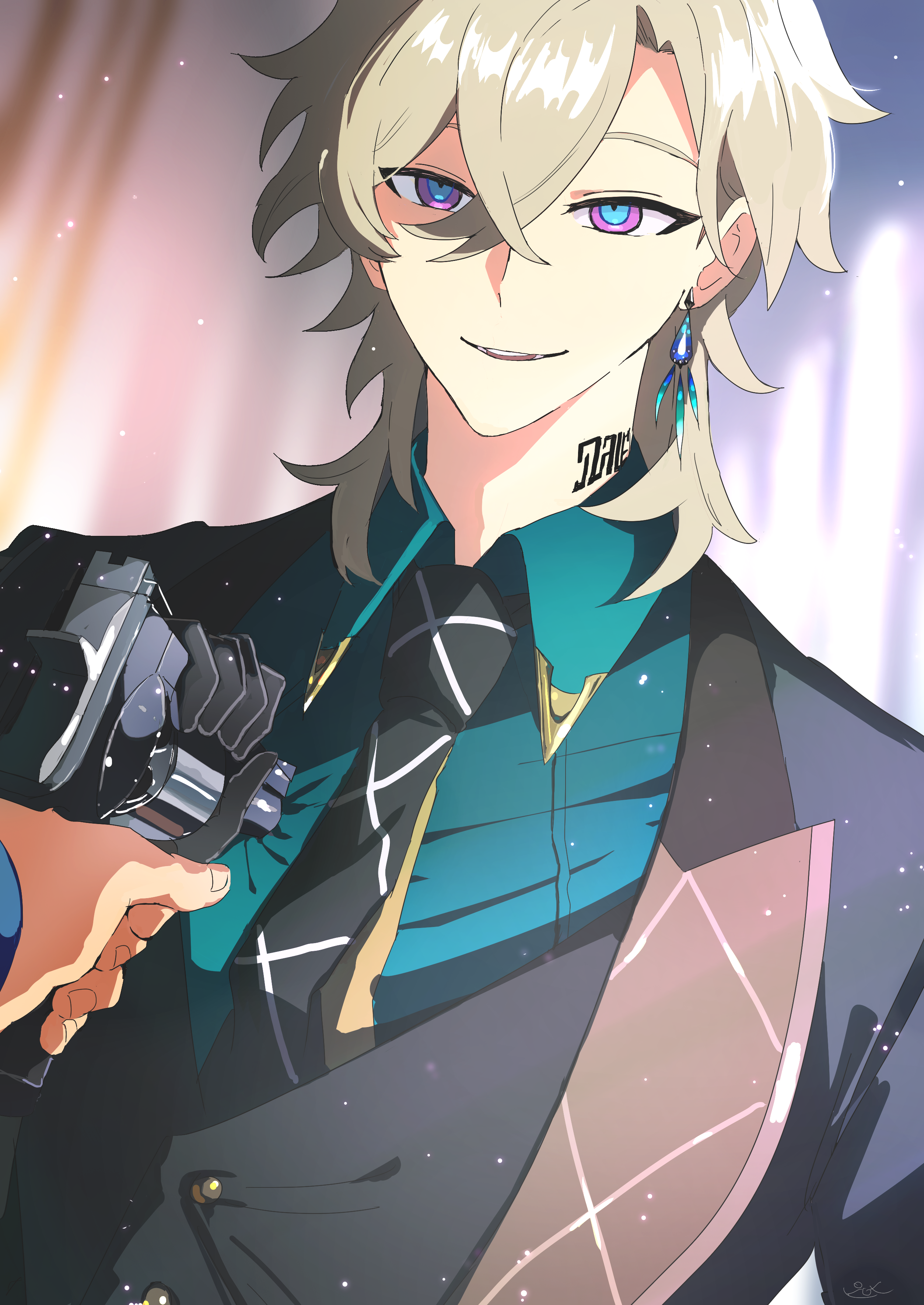 loseup portrait of an animestyle male character. he has long, blond hair, purple eyes, and is wearing a teal shirt with a black jacket and tie. he's smirking confidently and holds a gun. the background is a soft, glittery light color. the overall style is elegant and stylish, with detailed features and a focus on the character's expression and attire.  a small tattoo is visible on his neck.