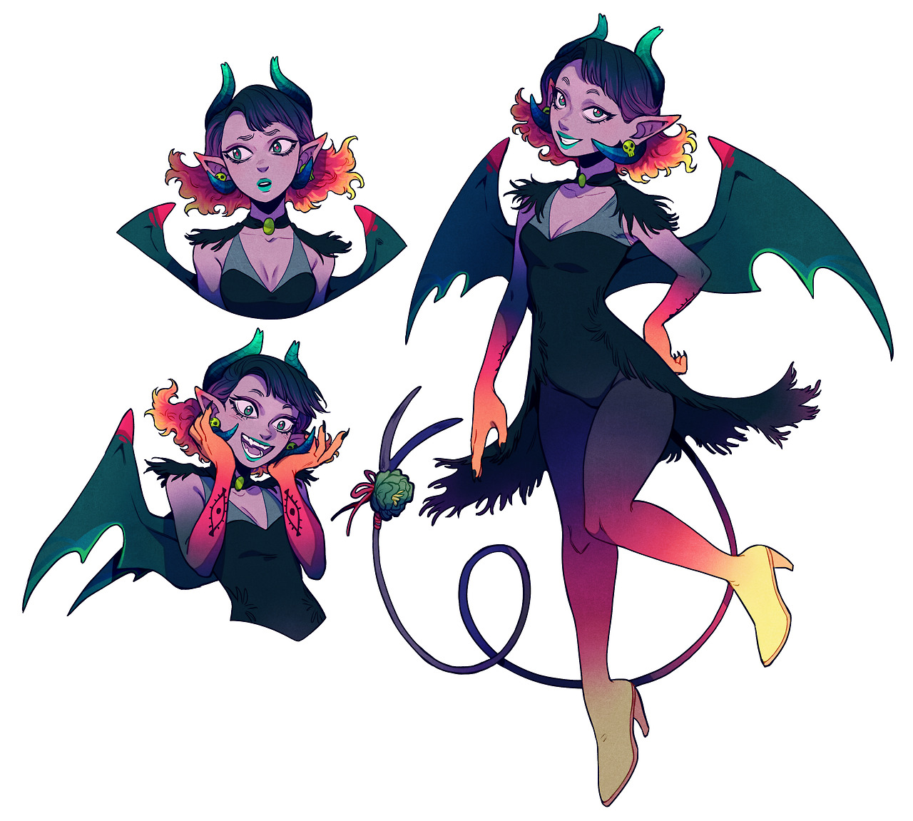 the image showcases a vibrant demon girl character design in three different poses. she is stylishly dressed in a short black dress with fringe details. she has large, batlike wings, curled horns, and a long, expressive tail. her skin is a gradient of purple and orange, matching her fiery hair. the background is plain white, drawing all attention to the character.