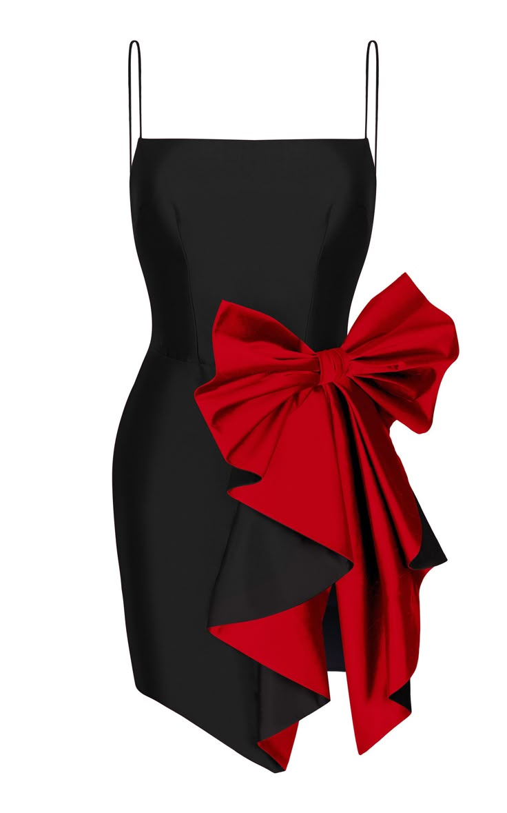 a black strappy dress with a large red bow on the side.