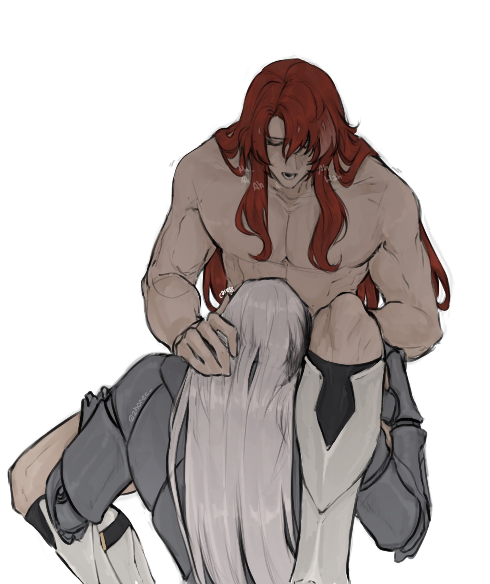 the image is a digital drawing or painting, appearing to be fanart, depicting two men in a close, intimate embrace.  one man is shirtless and muscular with long, flowing red hair.  he has a somewhat intense yet tender expression. he is holding the other man, who has long, flowing white/grey hair and is partially obscured.  the second man is clothed in what looks like futuristic or armored clothing. the style is suggestive of romance and passion. the overall color palette is muted greys and muted reds. the art is detailed and wellexecuted.
