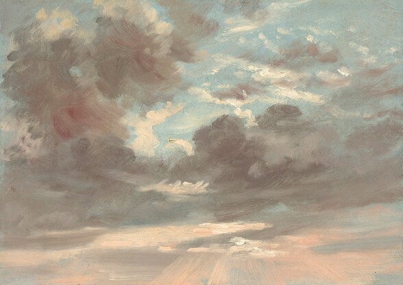 the image is a painting of a sky filled with clouds. the clouds are a mix of gray, pink, and white, with some areas of blue sky visible in between. the light suggests either sunrise or sunset, with the sun's rays filtering through the clouds. the painting style is loose and impressionistic, with visible brushstrokes creating an atmospheric effect.