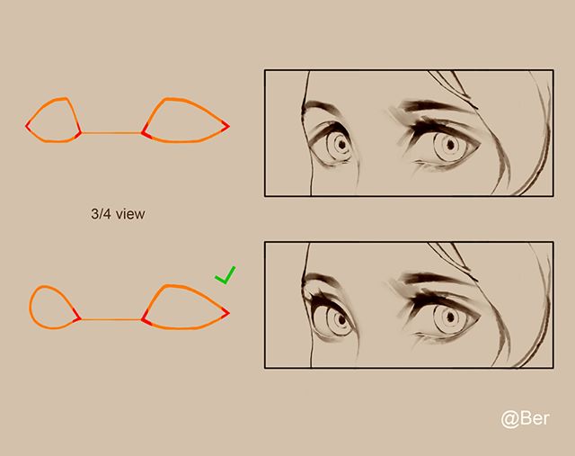 the image is a tutorial about drawing eyes in 3/4 perspective. the top image shows an incorrect drawing, with both eyes the same shape and size. the bottom image shows the correct drawing, with the far eye smaller and narrower than the near eye. the eyes are drawn with orange lines on top of a light brown sketch of a face.