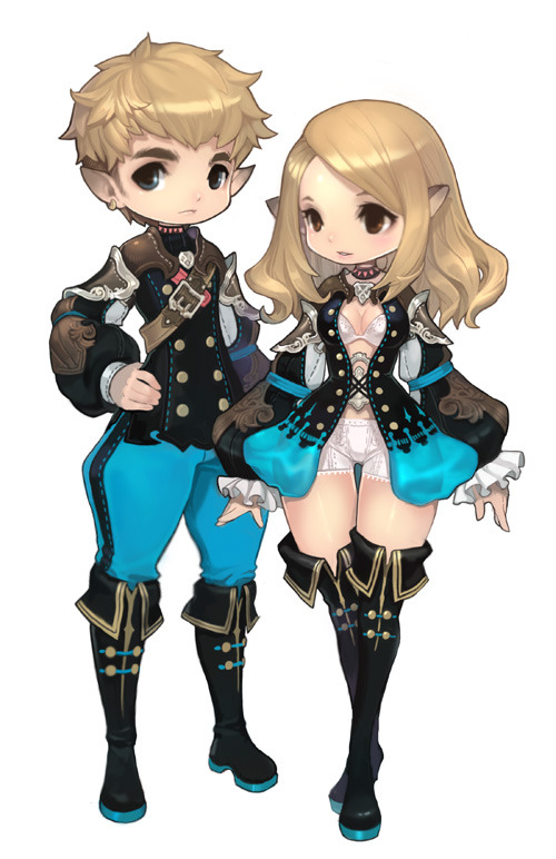 this is a digital art illustration of a cute anime chibi couple. the girl is in a long black and blue dress with white lace and the boy is in a black and blue outfit. they have a sword strapped to their waist.