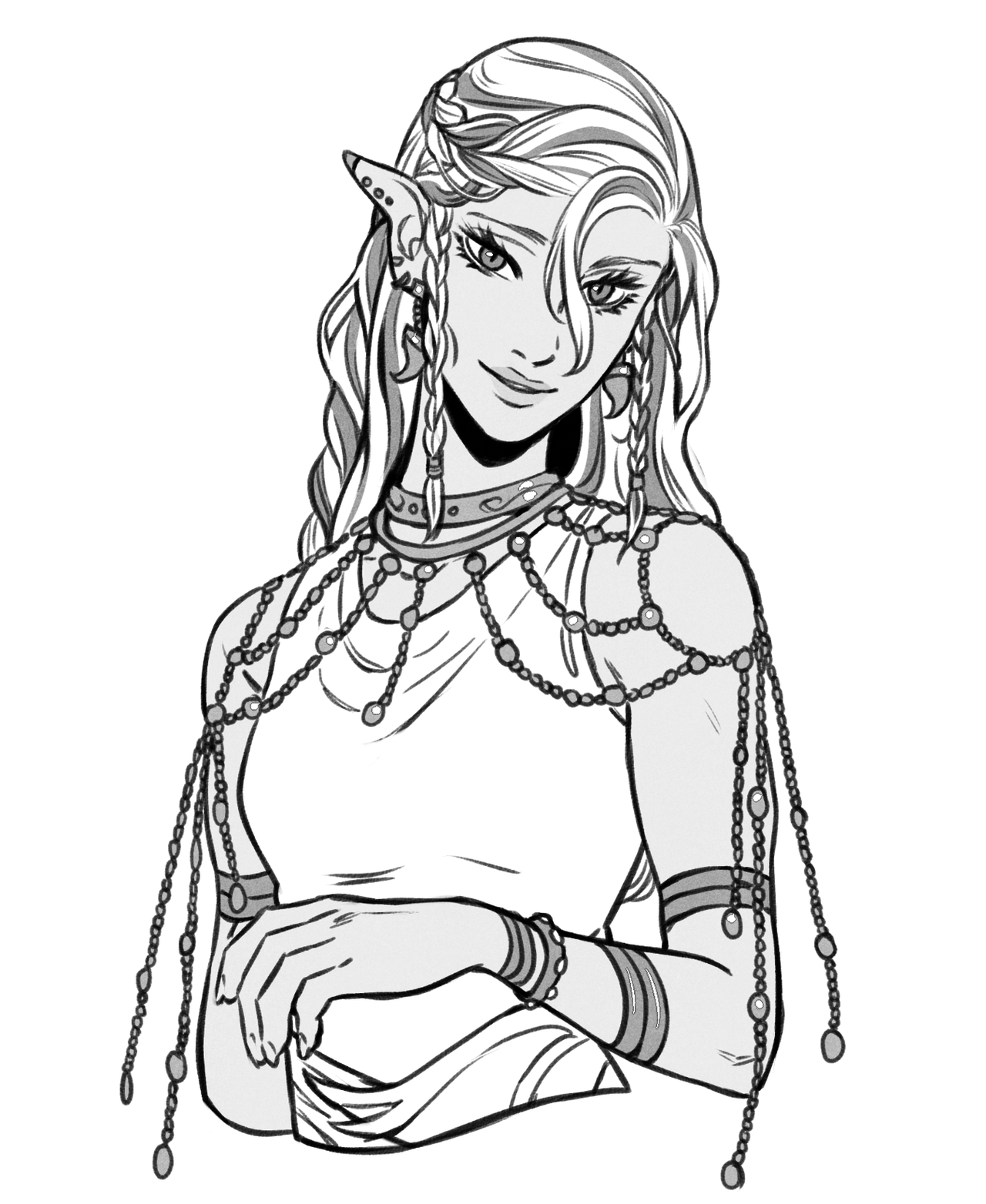 black and white bust illustration of a female elf. she has long, wavy hair with braids, pointed ears, and wears elaborate jewelry including necklaces, earrings, and armbands. she's wearing a sleeveless top and is positioned with her arms folded, hands resting on a surface. she's looking directly at the viewer with a subtle smile.