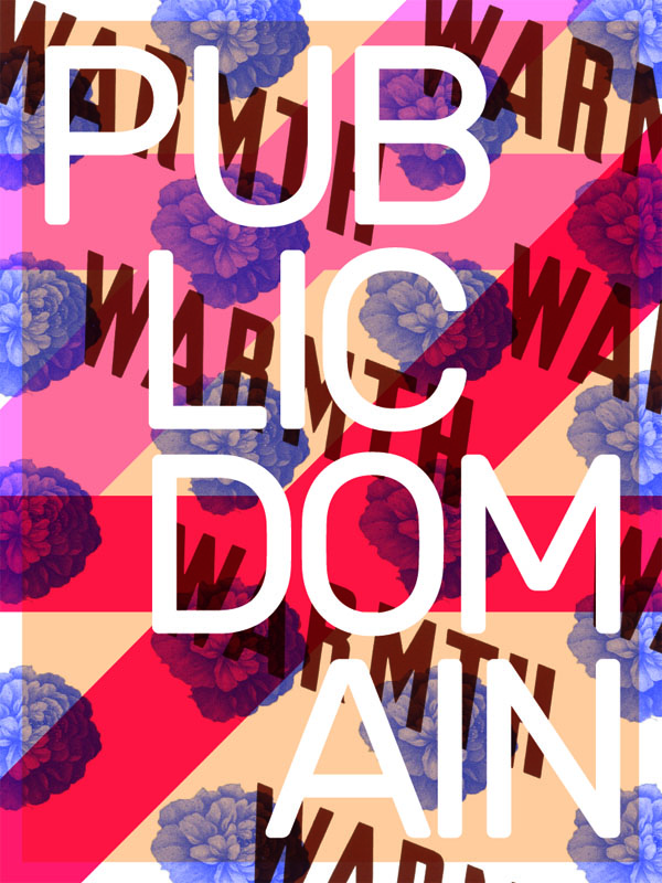 the image is a poster with the words "public domain" in large, bold white letters. the letters are partially obscured by diagonal stripes of pink and red. the background is white with a pattern of blue and purple flowers. the words "warming" are repeated multiple times in a smaller font and are angled diagonally across the image.