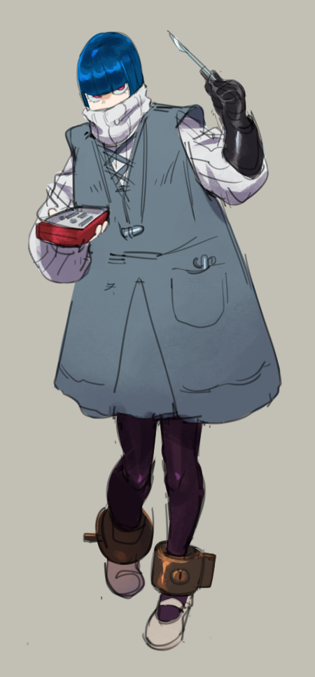 an anime style digital illustration of a female character with blue hair, wearing a scarf, coat, boots, and gloves.  she is holding a small red box in her left hand and a tool in her right hand. she is standing with her legs slightly apart and looking towards the viewer. the background is a solid gray color.