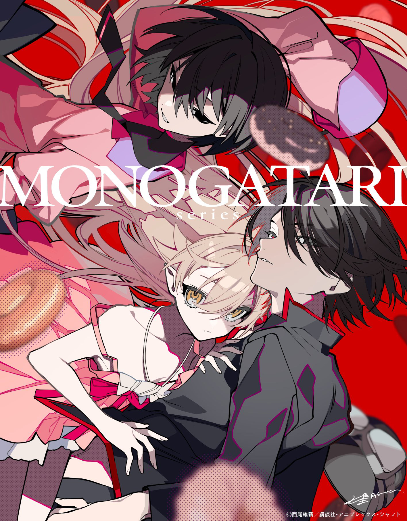 the image is a piece of official anime artwork featuring characters from the monogatari series. three characters are prominently displayed: hitagi senjougahara (top), kissshot acerolaorion heartunderblade (bottom left), and koyomi araragi (bottom right). the background is primarily red with stylized lines. there are two donuts depicted in the image. the title "monogatari series" is written in bold letters across the middle of the artwork.