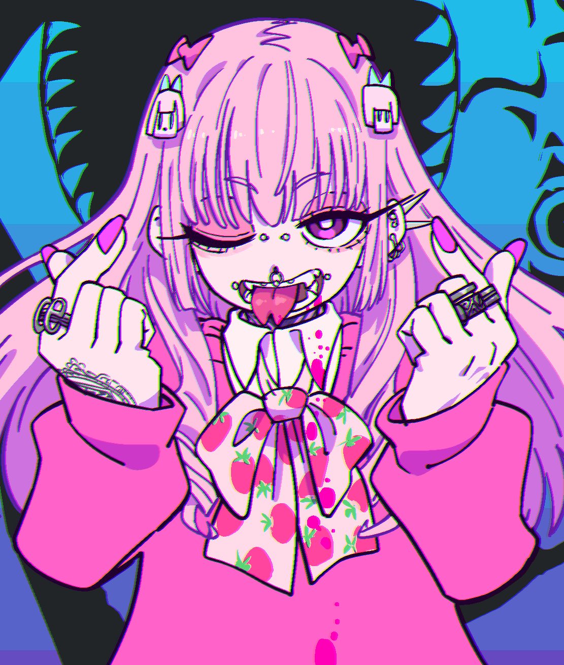 the image showcases a digital illustration of a young girl styled with a blend of cute and edgy aesthetics. she has long pink hair, pale skin, and striking features like sharp fangs, a pierced tongue, and multiple ear piercings. her outfit leans into a pastel pink palette, with a schooluniforminspired jacket, a playful strawberrypatterned bow tie, and chunky rings on her fingers. she's making a playful, slightly menacing gesture with her hands, forming finger hearts while sticking out her tongue. the background is a vibrant, abstract swirl of blue and purple, enhancing the overall edgy and playful vibe.
