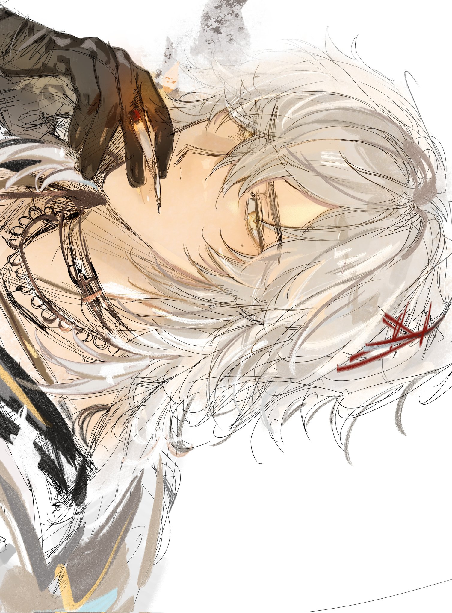 this is a drawing of an anime character with white hair and a black glove holding a cigarette. the character is lying on their side and their face is turned away from the viewer. the drawing is done in a sketchy style with a lot of detail in the hair. the background is simple, allowing the character to be the focal point of the artwork. the artist has captured a sense of brooding melancholy in the character's pose and expression.