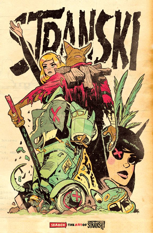 a comic book style illustration featuring several characters including a blonde girl with a red cape, a figure wearing a fox mask and a makeshift wooden collar, an elephant with mechanical parts and a sword, a robot, and a girl with black hair and sunglasses, all against a textured background with the name "stranski" at the top. a search advertisement is at the bottom.