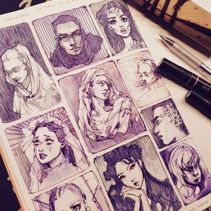 the image shows a sketchbook page filled with numerous ink drawings, primarily portraits of women and girls.  the style is expressive, employing both linework and shading techniques like hatching and crosshatching, creating a varied range of textures and tones.  the ink is predominantly purple, lending a cohesive color palette to the diverse subjects. the drawings vary in style from almost realistic portrayals to more stylized and expressive interpretations. some figures appear to be inspired by classical sculptures or religious iconography, while others are more contemporary. the sketchbook is open, showing several pages, and there are pens and markers visible near the open book, suggesting an artist's workspace.  a header indicating "10 day challenge" suggests the sketches are part of a project. the overall impression is one of artistic exploration and practice.
