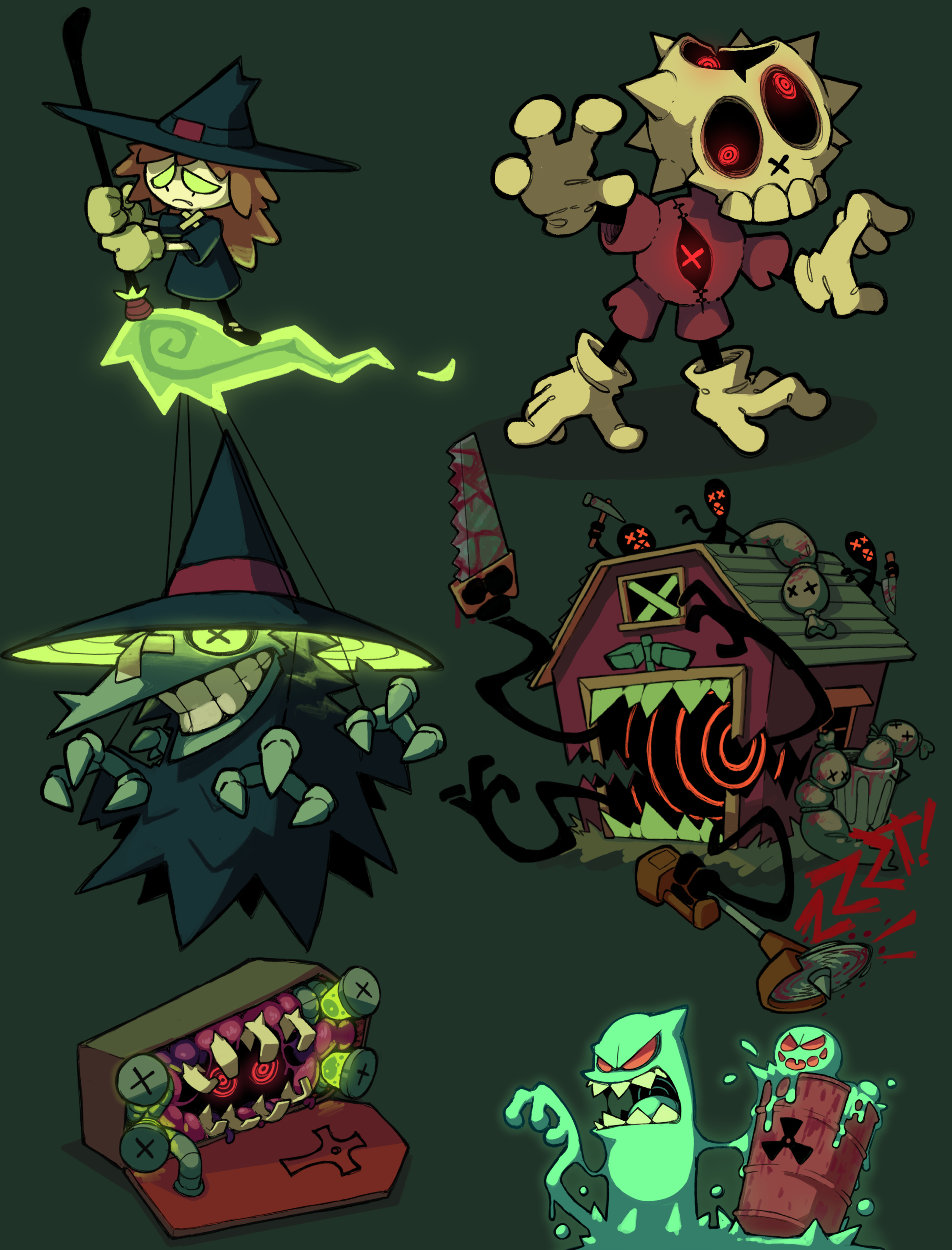 an illustration of various halloweenthemed characters and creatures including a witch, a stitchedup scarecrow, a haunted barn, a slime monster emerging from a toxic waste barrel, and a spooky coffin.