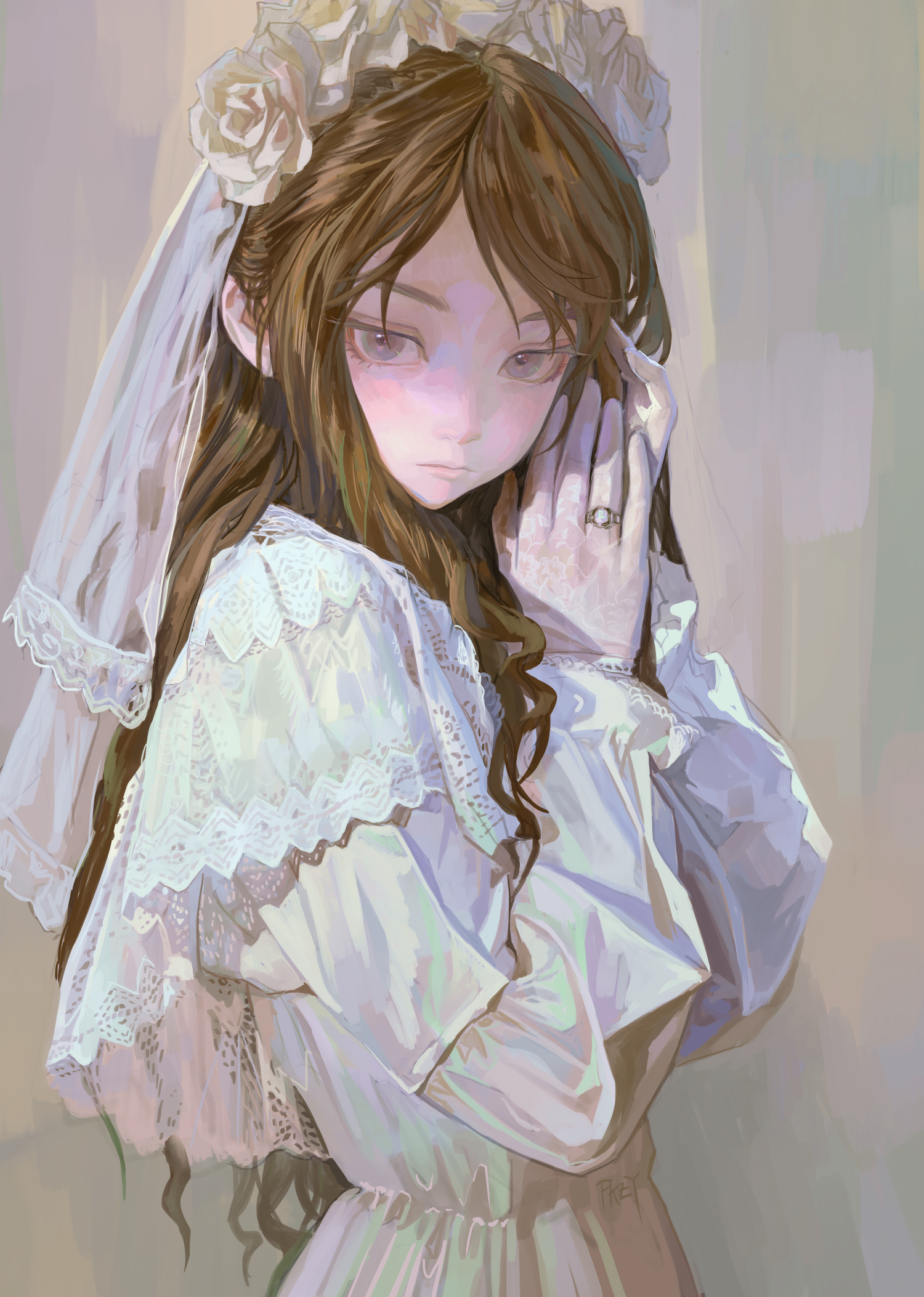 a digital illustration of an animestyle girl in a white wedding dress with lace details, wearing a veil and a flower crown. she has long brown hair and a ring on her finger. her expression is melancholic and sad.